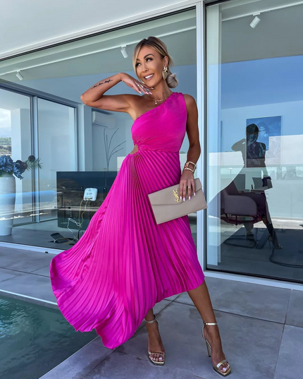 Amara Delacroix | Elegant One-Shoulder Pleated Midi Dress
