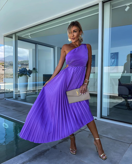 Amara Delacroix | Elegant One-Shoulder Pleated Midi Dress