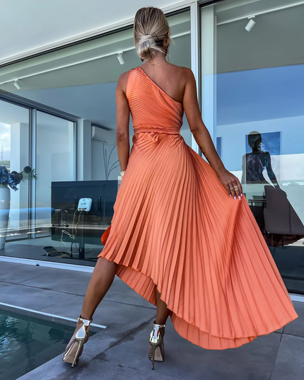 Amara Delacroix | Elegant One-Shoulder Pleated Midi Dress