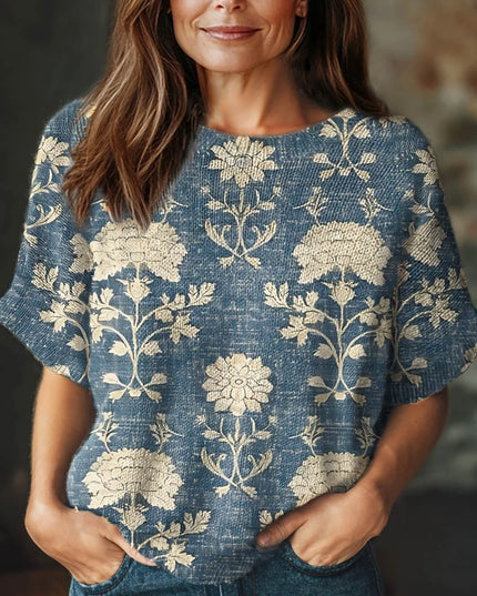 Women's Vintage Floral Art Print Casual Crew Neck Short Sleeve Knitted Sweater