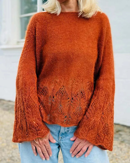 Women's Solid Color Round Neck Long Sleeve Casual Loose Hollow Splicing Sweater