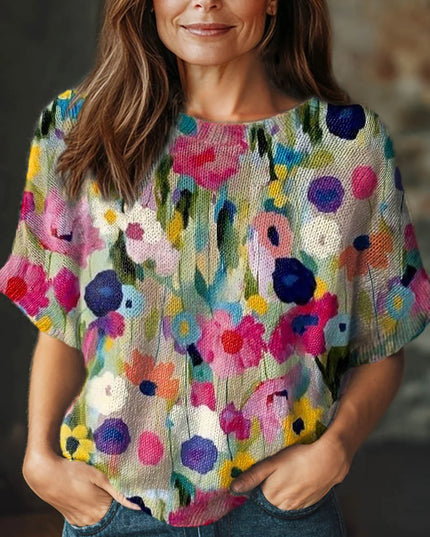 Women's Vintage Floral Art Print Casual Crew Neck Short Sleeve Knitted Sweater