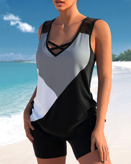 Block Lace-Detail Tankini Set