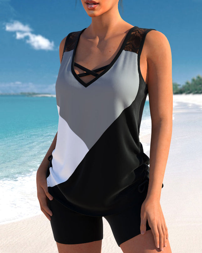 Block Lace-Detail Tankini Set