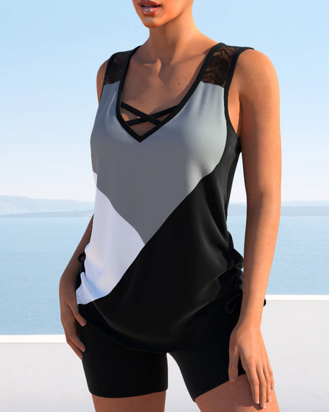 Block Lace-Detail Tankini Set