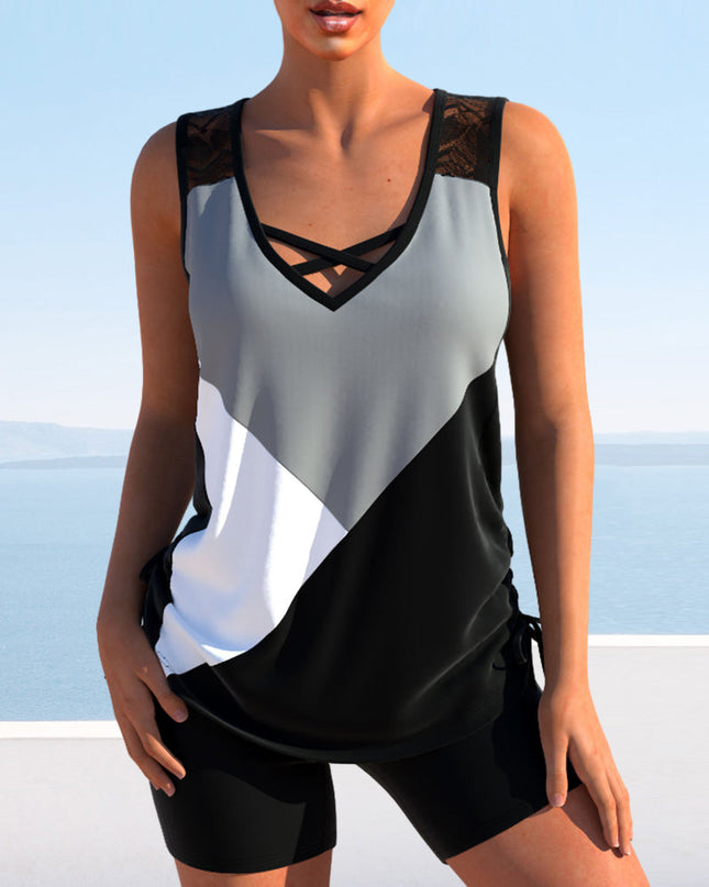 Block Lace-Detail Tankini Set