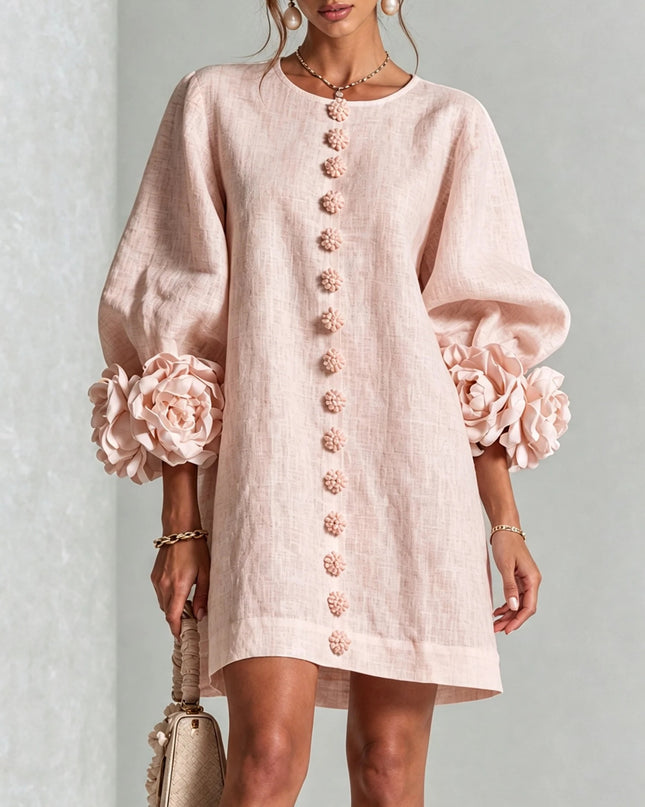 Camille Rousseau | Rosette Cuff Balloon Sleeve Linen Shift Dress
