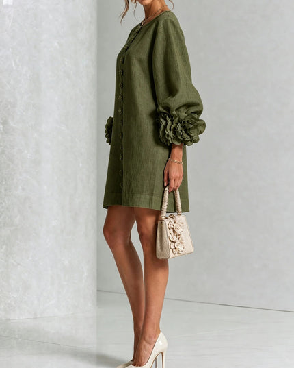 Camille Rousseau | Rosette Cuff Balloon Sleeve Linen Shift Dress