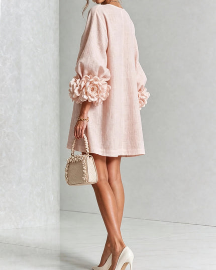 Camille Rousseau | Rosette Cuff Balloon Sleeve Linen Shift Dress