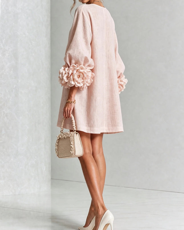 Camille Rousseau | Rosette Cuff Balloon Sleeve Linen Shift Dress