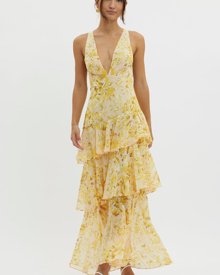 Flora Vasseur | Romantic Ruffle Maxi Dress with Floral Print