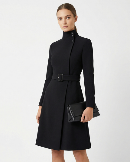 Woman wearing elegant belted midi dress