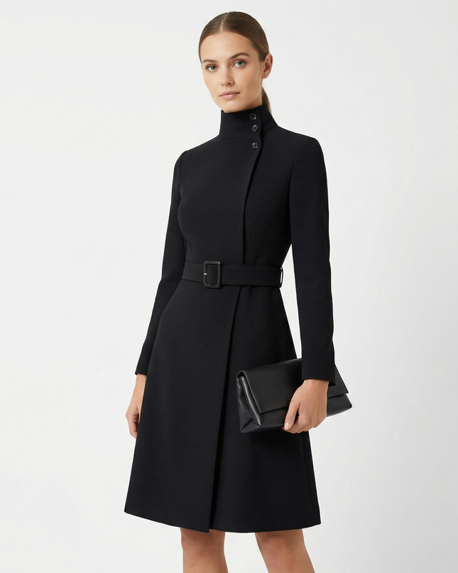 Woman wearing elegant belted midi dress