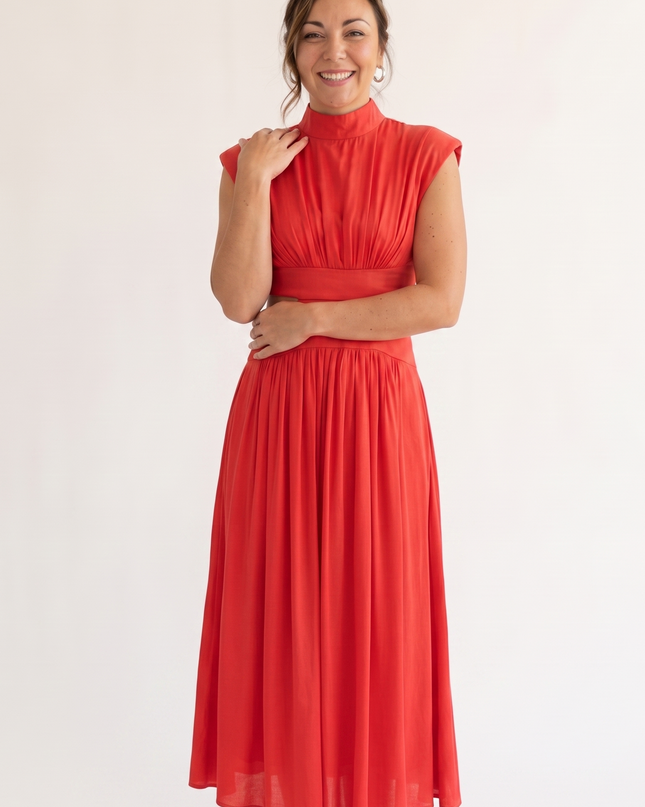 Woman wearing elegant maxi dress