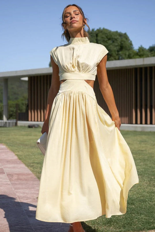 Woman wearing elegant maxi dress