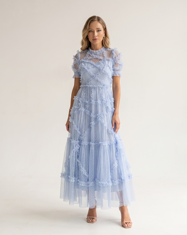 Woman wearing romantic ruffle maxi dress