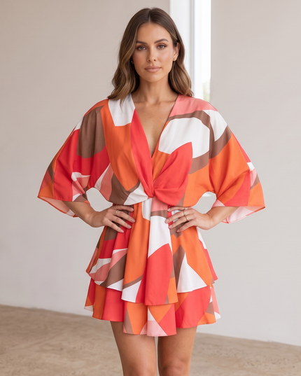 Woman wearing vibrant ruffle mini dress