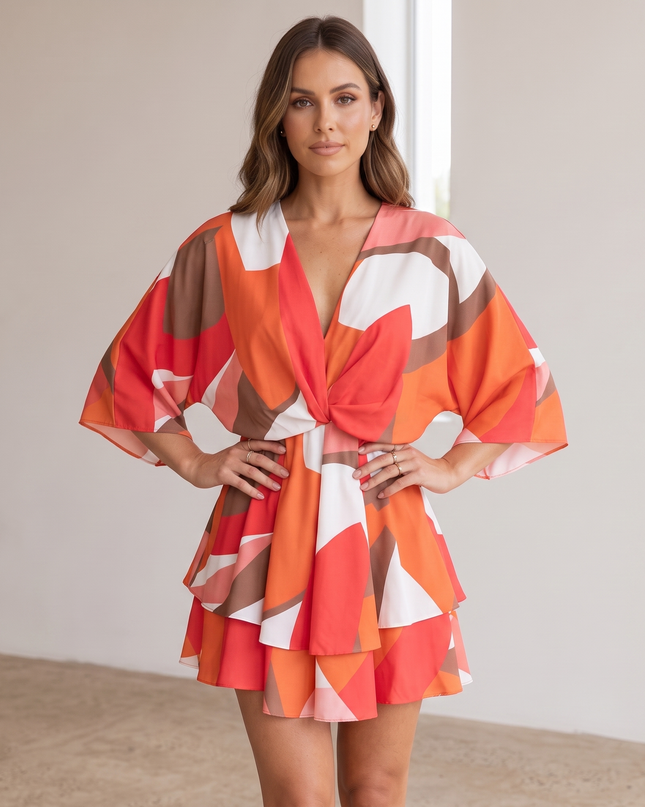 Woman wearing vibrant ruffle mini dress