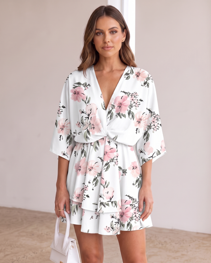 Woman wearing vibrant ruffle mini dress