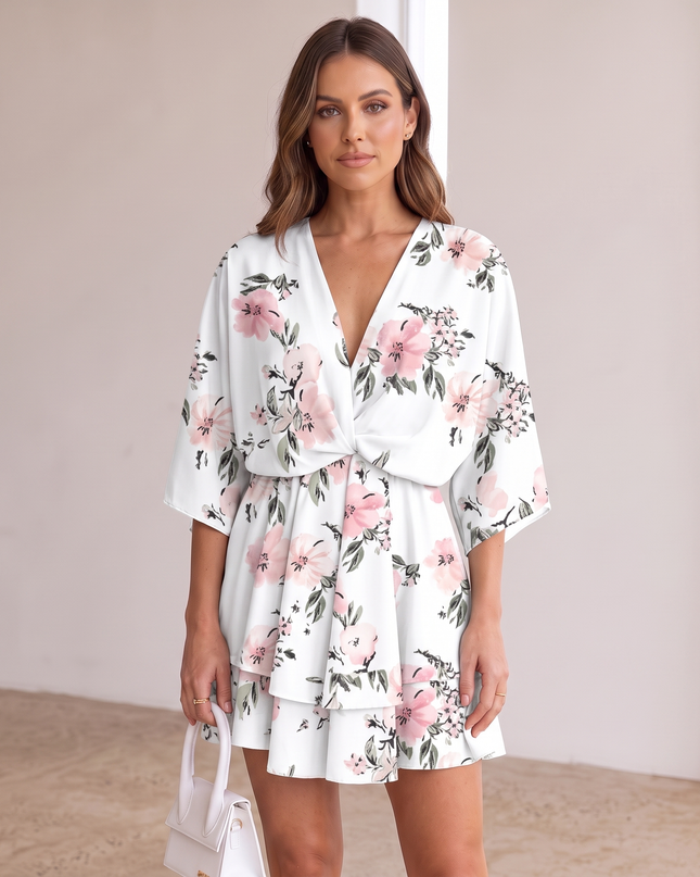 Woman wearing vibrant ruffle mini dress