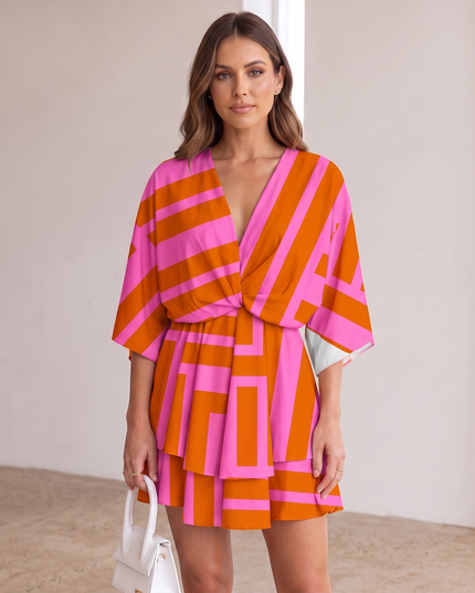 Woman wearing vibrant ruffle mini dress