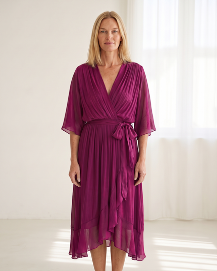 Woman wearing elegant wrap maxi dress
