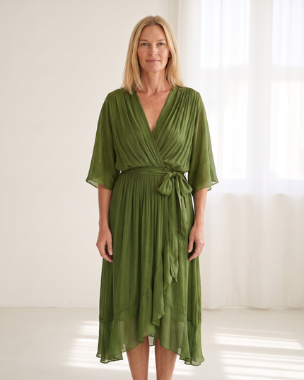 Woman wearing elegant wrap maxi dress