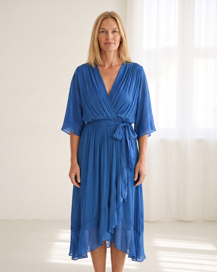 Woman wearing elegant wrap maxi dress