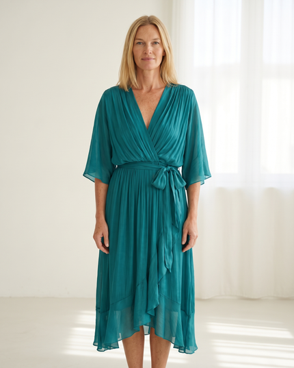 Woman wearing elegant wrap maxi dress