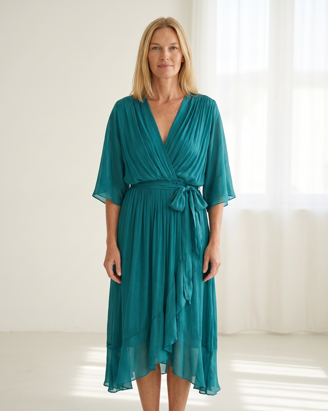 Woman wearing elegant wrap maxi dress