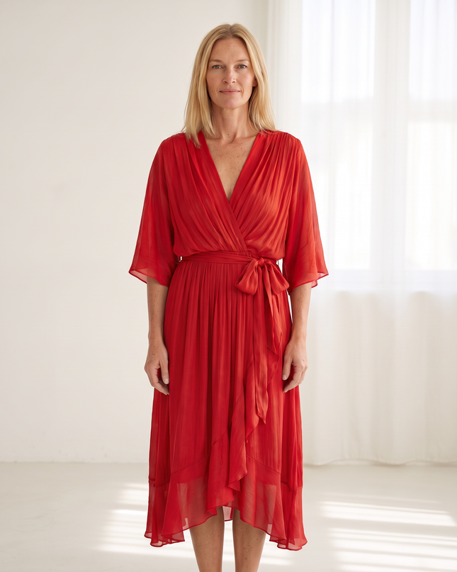 Woman wearing elegant wrap maxi dress