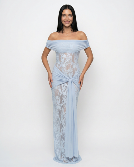 Woman wearing off-shoulder lace maxi dress