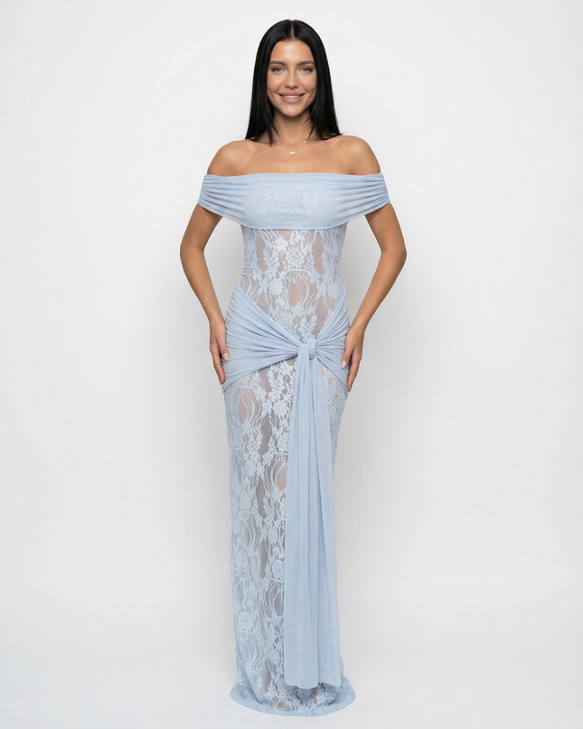Woman wearing off-shoulder lace maxi dress
