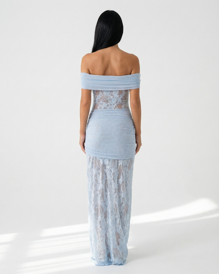 Woman wearing off-shoulder lace maxi dress