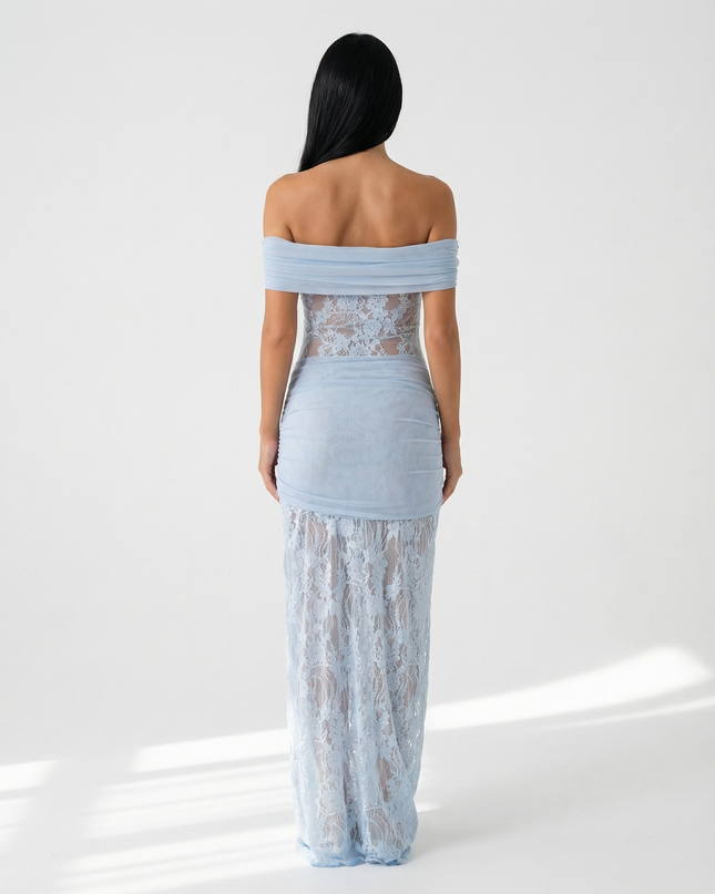 Woman wearing off-shoulder lace maxi dress