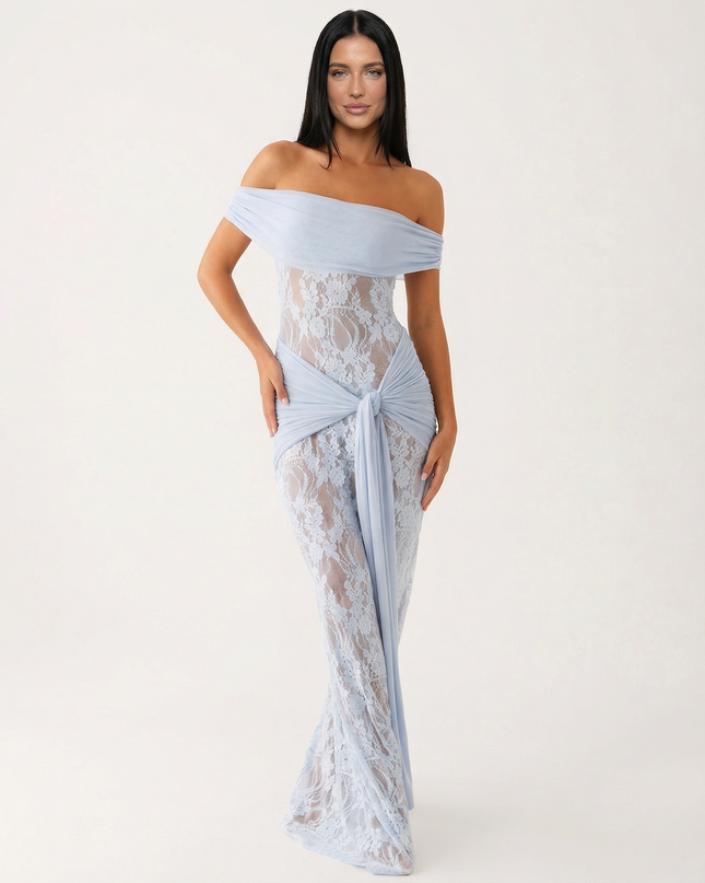 Woman wearing off-shoulder lace maxi dress