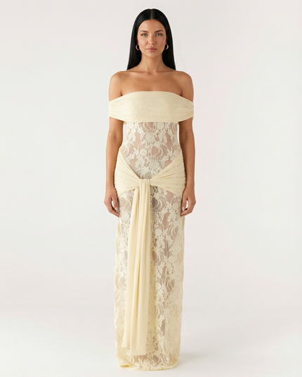 Woman wearing off-shoulder lace maxi dress