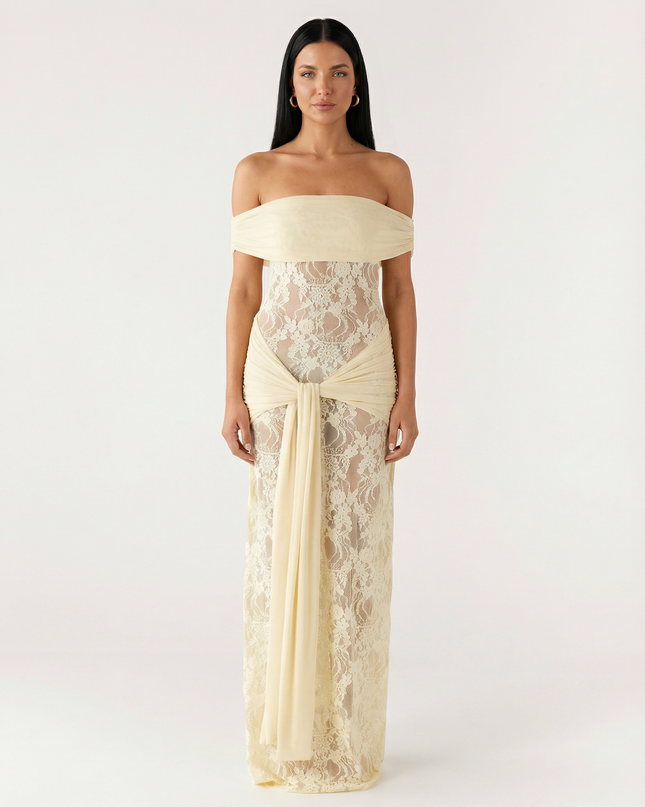 Woman wearing off-shoulder lace maxi dress
