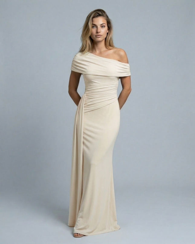 Woman wearing elegant off shoulder maxi dress