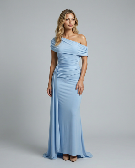 Woman wearing elegant off shoulder maxi dress