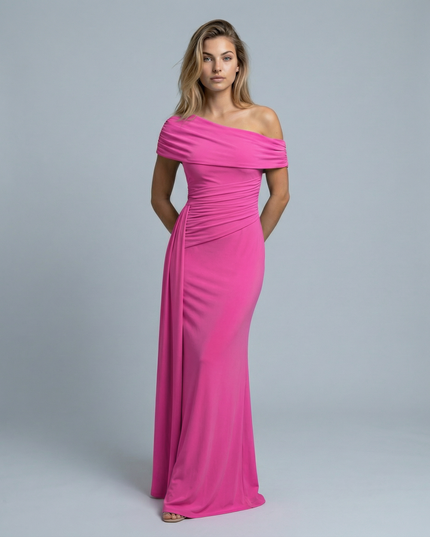 Woman wearing elegant off shoulder maxi dress