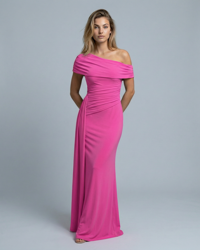 Woman wearing elegant off shoulder maxi dress