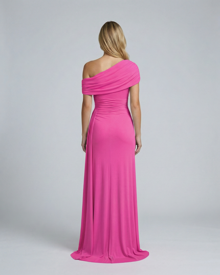 Woman wearing elegant off shoulder maxi dress