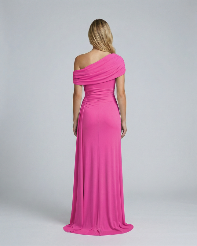 Woman wearing elegant off shoulder maxi dress