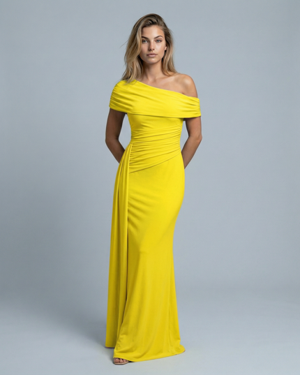 Woman wearing elegant off shoulder maxi dress