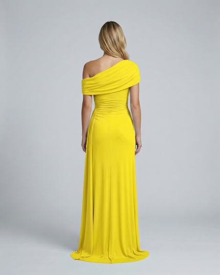 Woman wearing elegant off shoulder maxi dress