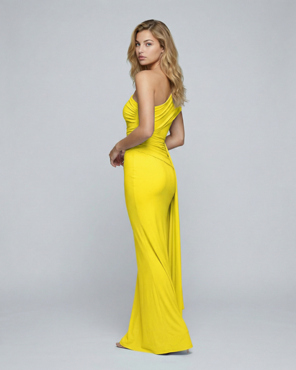 Woman wearing elegant off shoulder maxi dress