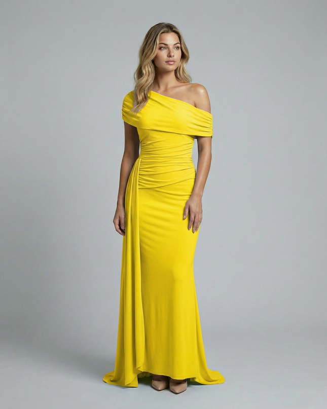Woman wearing elegant off shoulder maxi dress