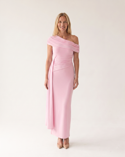 Woman wearing elegant off shoulder maxi dress