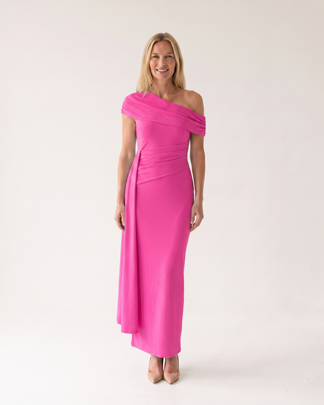 Woman wearing elegant off shoulder maxi dress